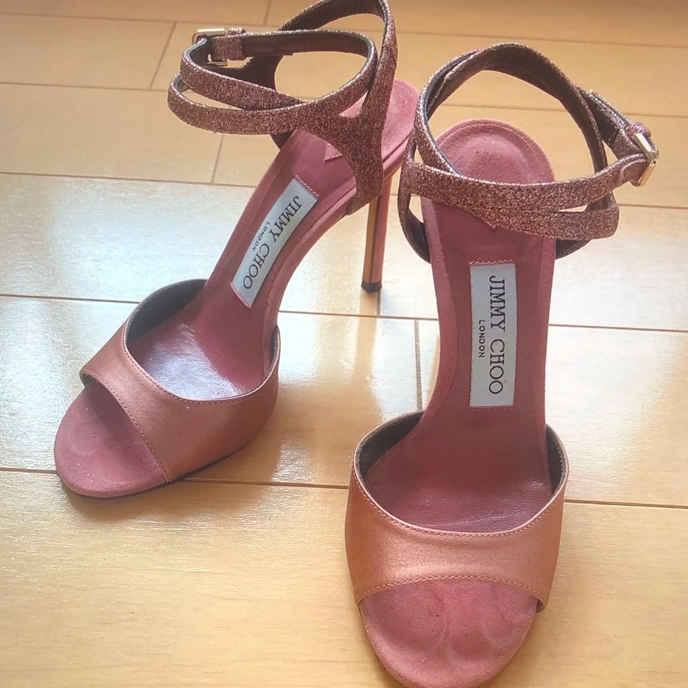 Jimmy Choo Rose-Pink Open-Toe Stiletto Sandals with Glitter Ankle Strap